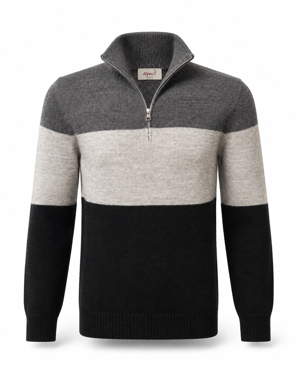A men's colorblock quarter-zip sweater with a dark gray upper chest and shoulders, a wide light gray middle band, and a black lower body and sleeves, shown on a white background.