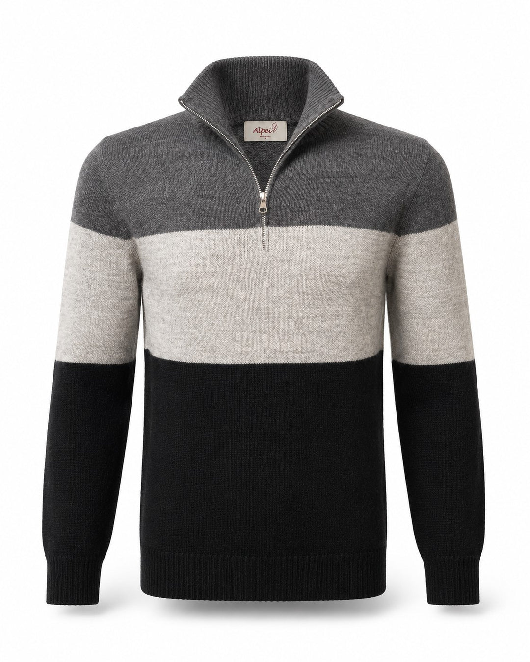 A men's colorblock quarter-zip sweater with a dark gray upper chest and shoulders, a wide light gray middle band, and a black lower body and sleeves, shown on a white background.