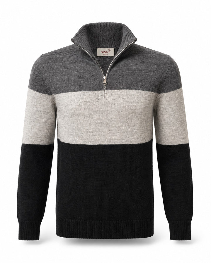 A men's colorblock quarter-zip sweater with a dark gray upper chest and shoulders, a wide light gray middle band, and a black lower body and sleeves, shown on a white background.