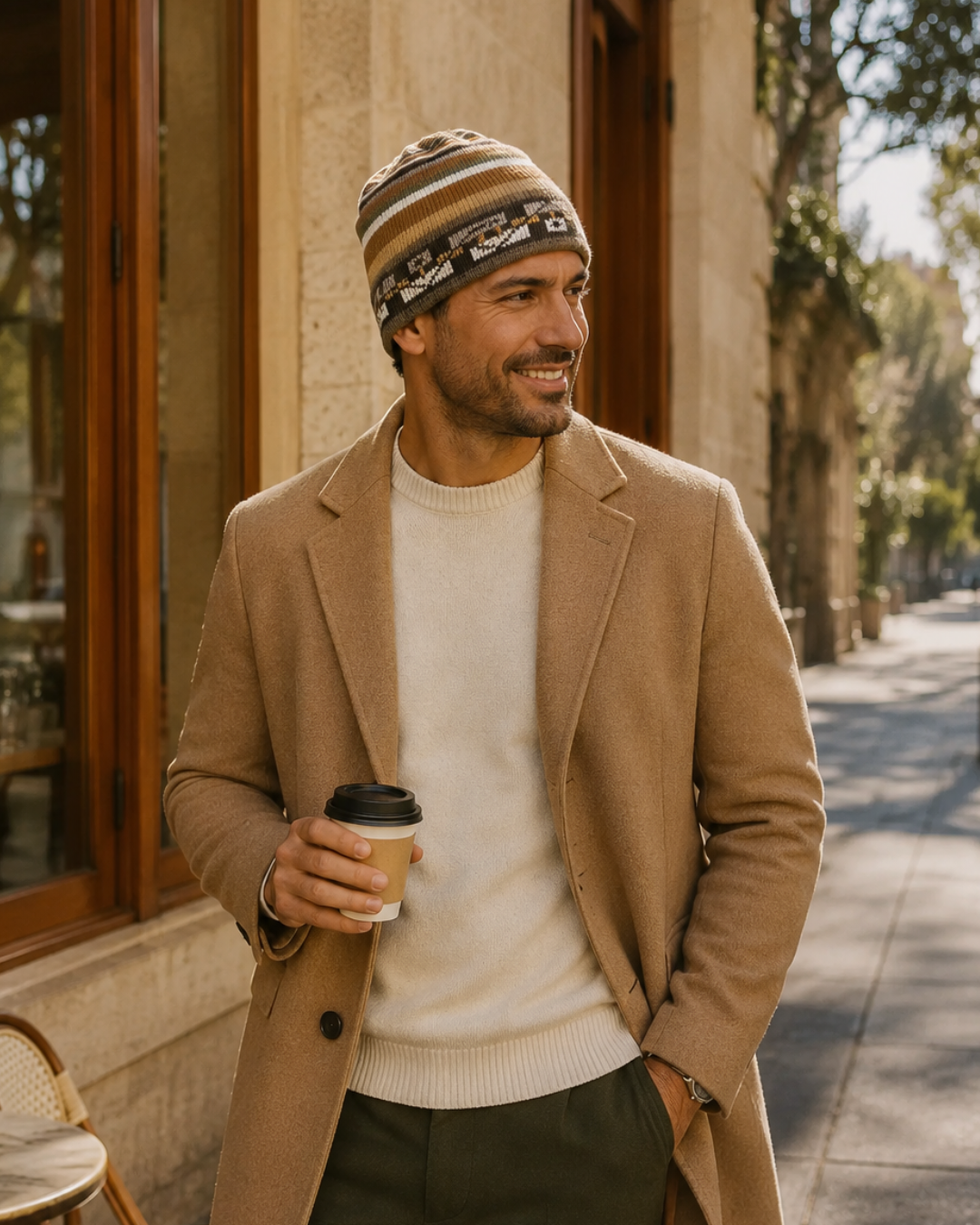 A man wearing a tan wool-blend coat, cream knit sweater, striped beanie, and dark trousers stands on a city sidewalk holding a takeaway coffee cup.