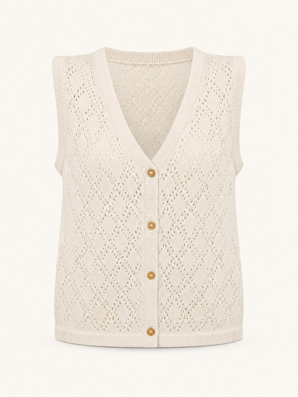 A cream-colored open-knit sweater vest with a V-neck and three gold buttons, shown against a plain off-white background.