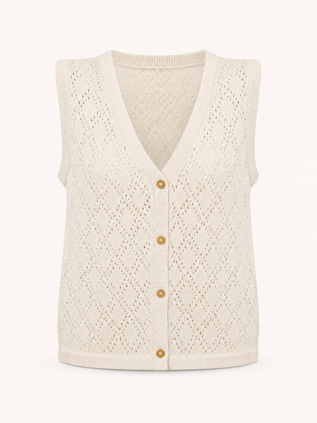 A cream-colored open-knit sweater vest with a V-neck and three gold buttons, shown against a plain off-white background.