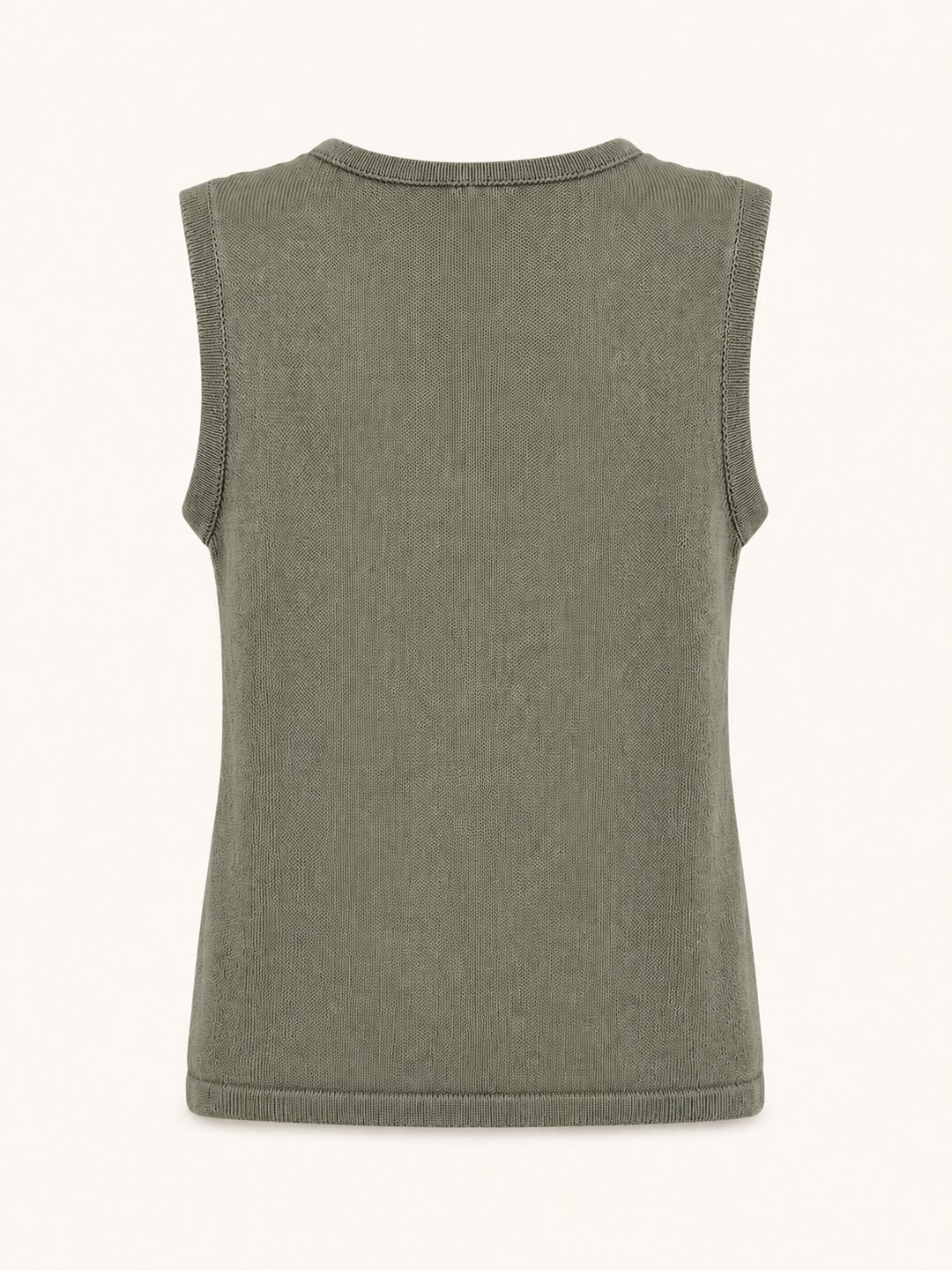 A sleeveless knit top shown from the back, in a muted olive green color, against a plain off-white background.