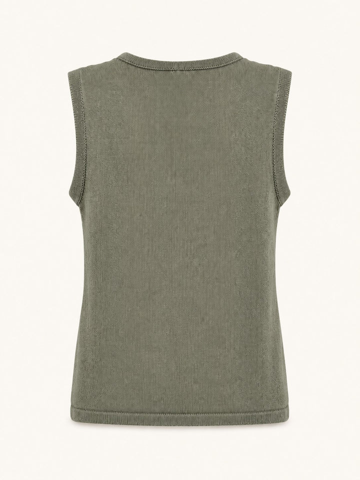 A sleeveless knit top shown from the back, in a muted olive green color, against a plain off-white background.