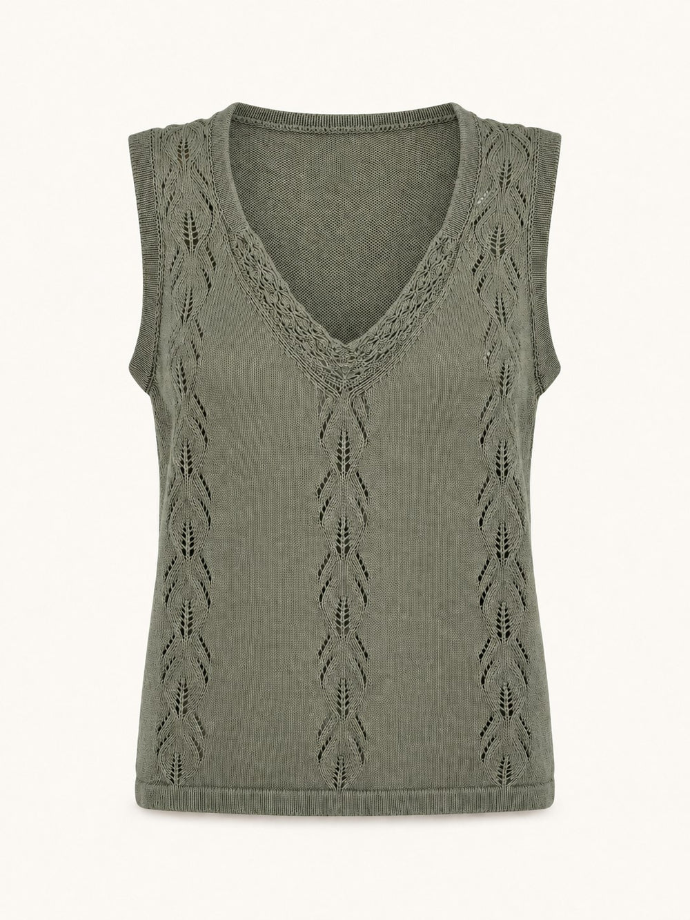An olive green sleeveless knit top with a V-neckline and vertical openwork chevron patterns, displayed on a clean off-white background.