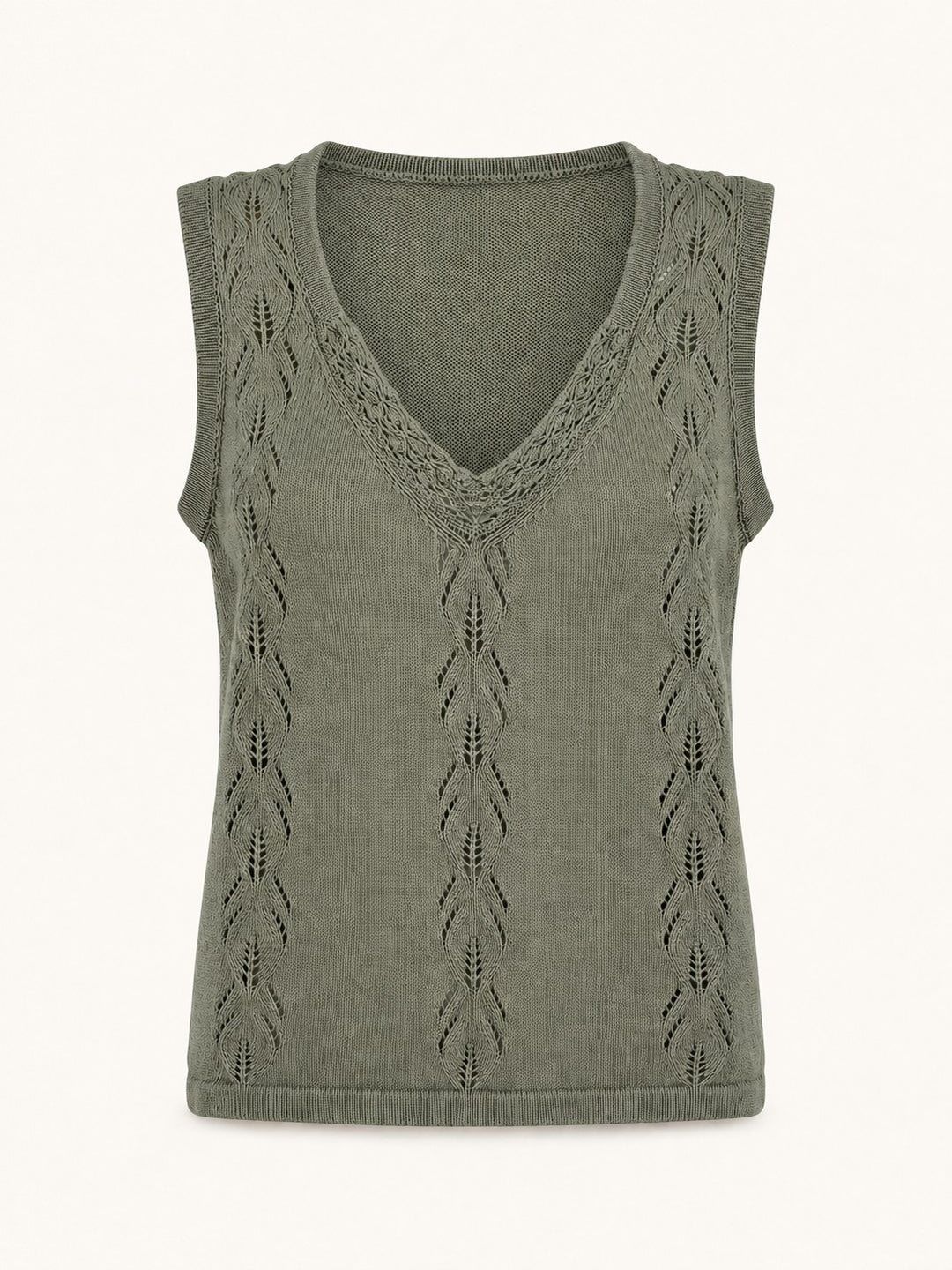 An olive green sleeveless knit top with a V-neckline and vertical openwork chevron patterns, displayed on a clean off-white background.