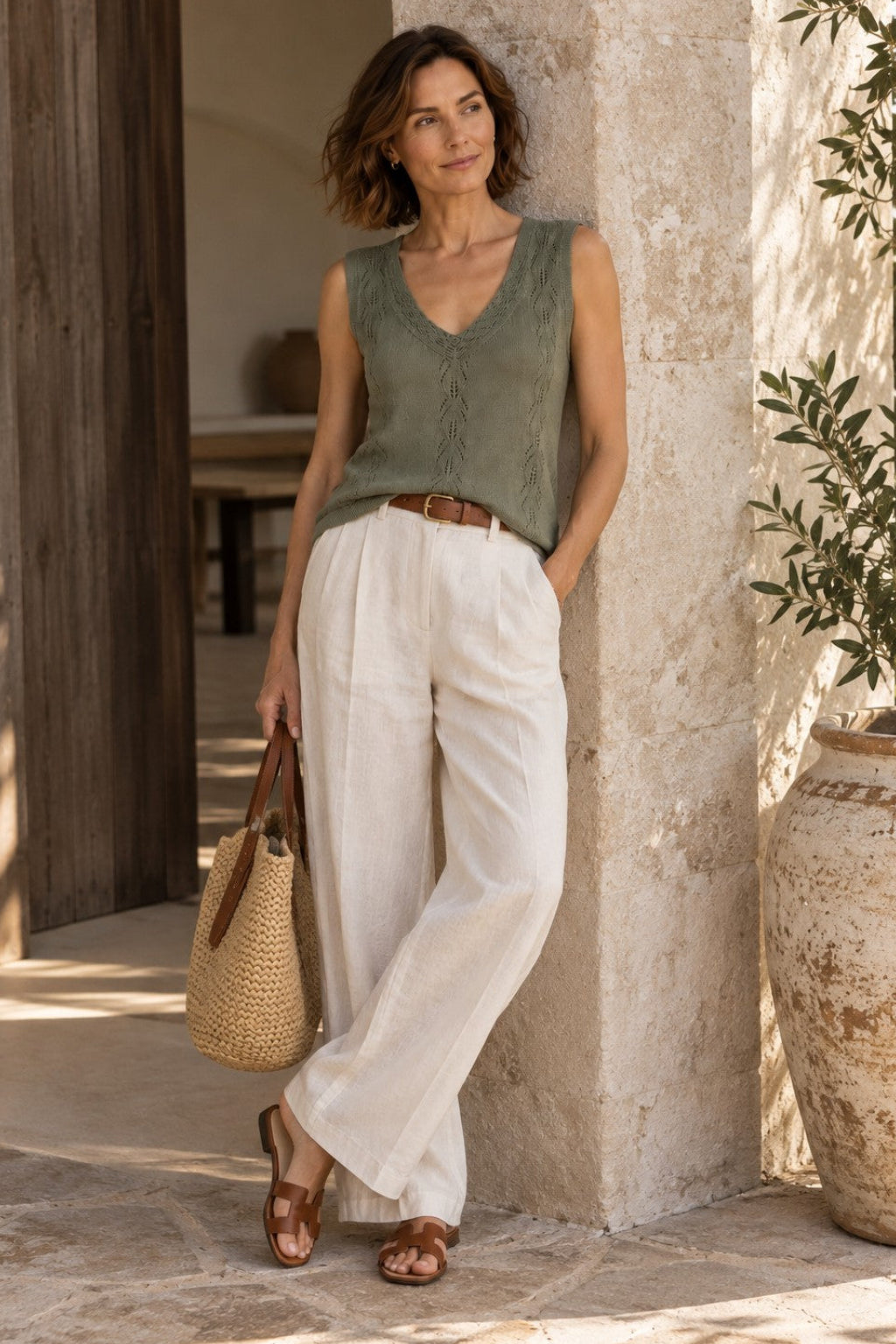 A woman stands in a sunlit stone corridor wearing a sleeveless olive green knit top and white wide-leg pants, holding a woven straw tote bag.