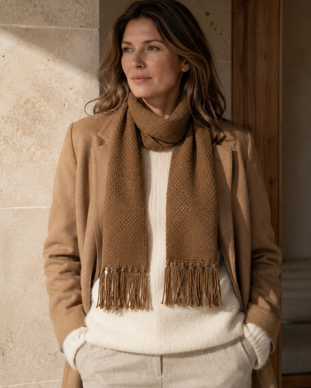 A woman wearing a camel brown knit scarf with fringe, styled over a cream ribbed sweater and beige trousers, standing in a warmly lit indoor setting.